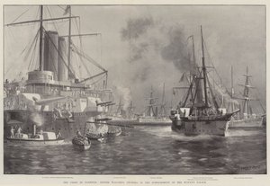 La crise à Zanzibar, navires de guerre britanniques engagés dans le bombardement du palais du sultan